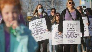 Hundreds of education staff, supporters picket MPP offices